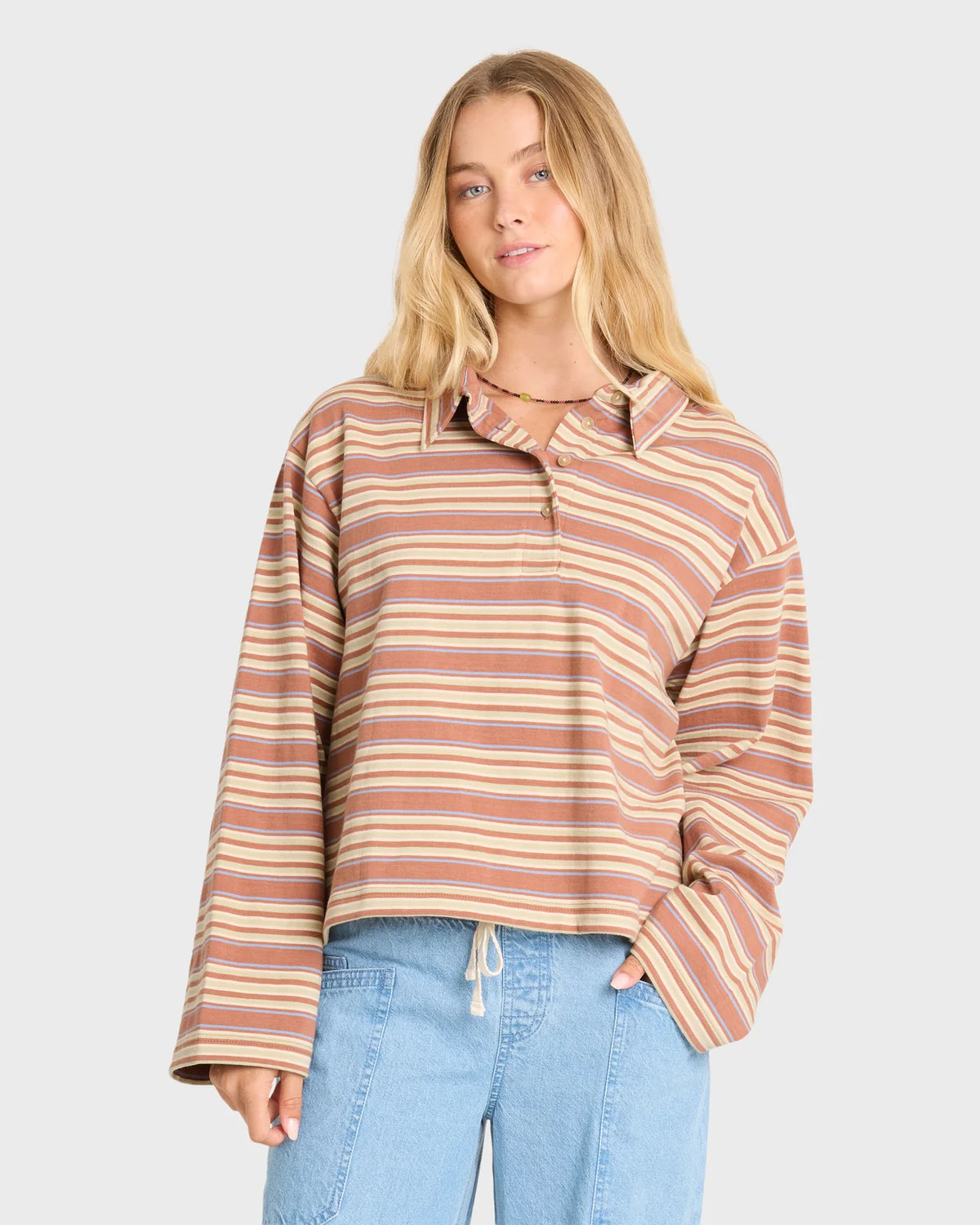 Sugar Stripe Long Sleeve Cotton Polo Shirt