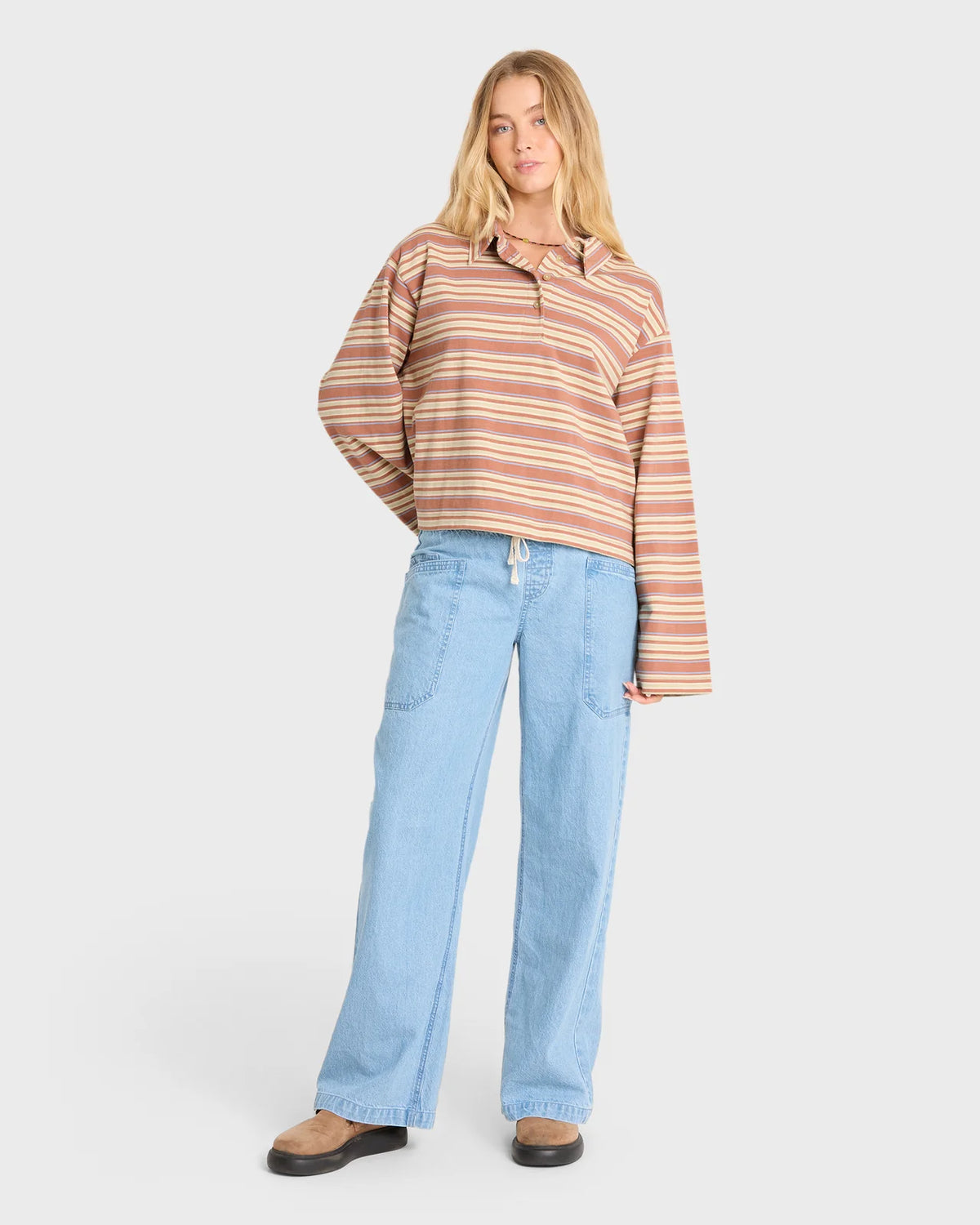 Sugar Stripe Long Sleeve Cotton Polo Shirt