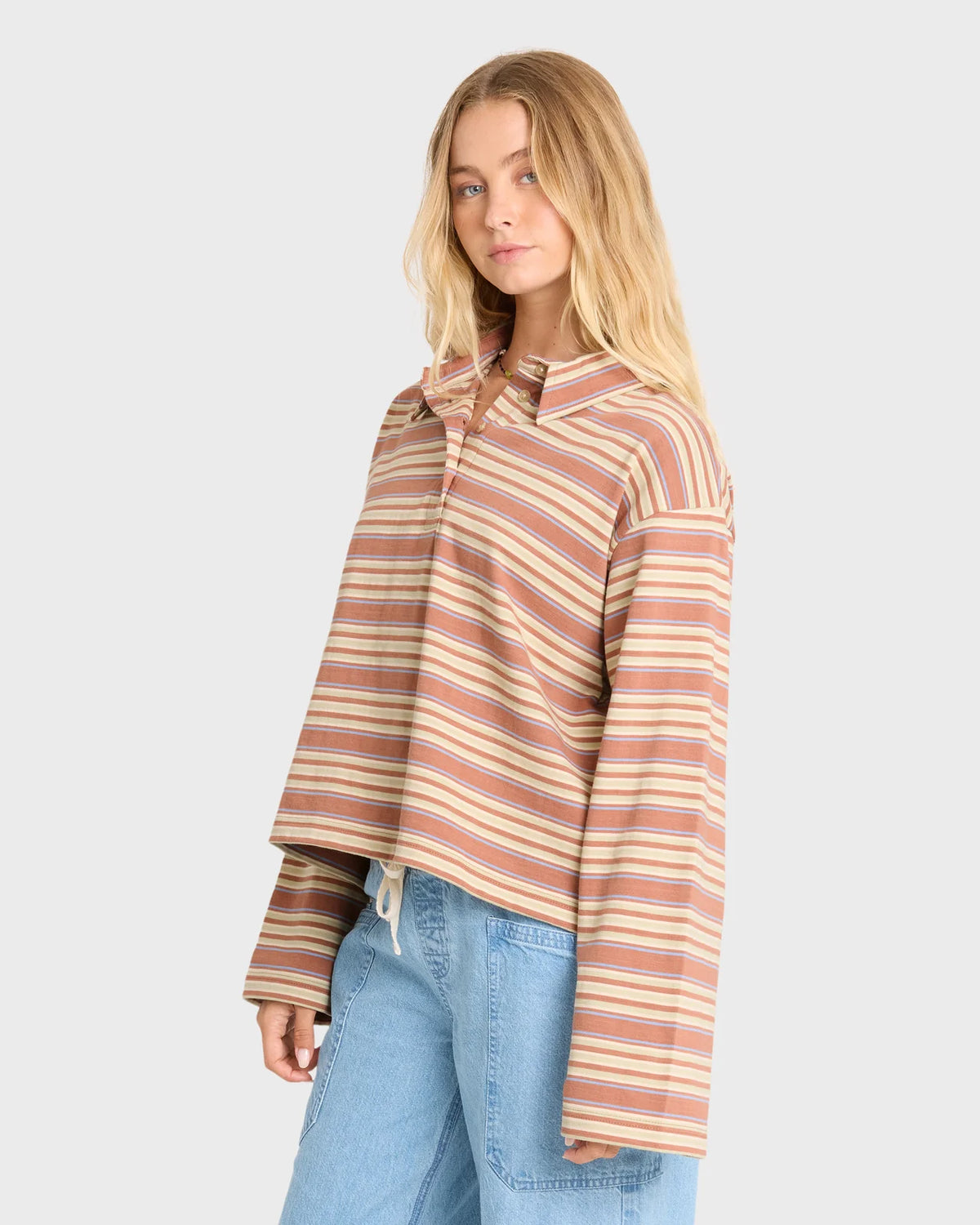 Sugar Stripe Long Sleeve Cotton Polo Shirt