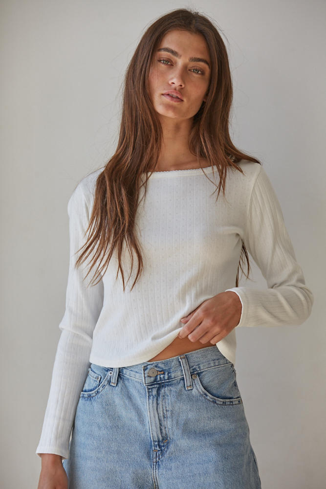 The Pointelle Ribbed Long Sleeve (Ivory)