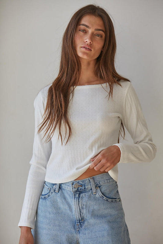 The Pointelle Ribbed Long Sleeve (Ivory)
