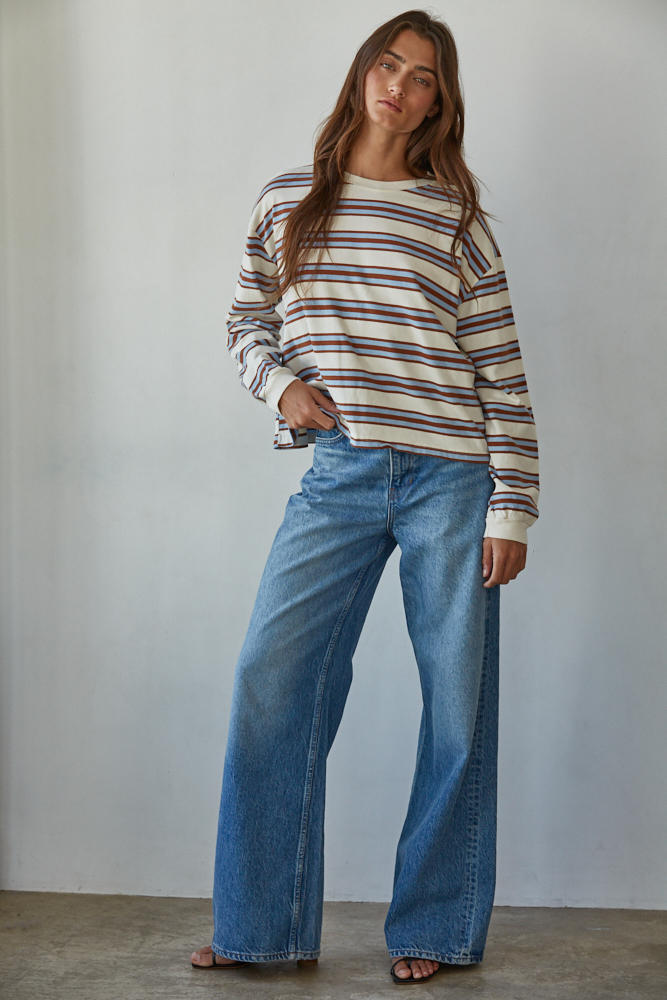 Knit Cotton Multicolor Stripe Crew Neck Long Sleeve