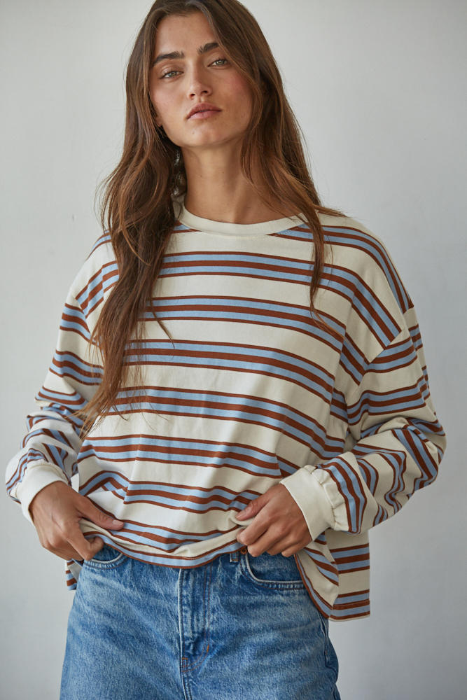 Knit Cotton Multicolor Stripe Crew Neck Long Sleeve