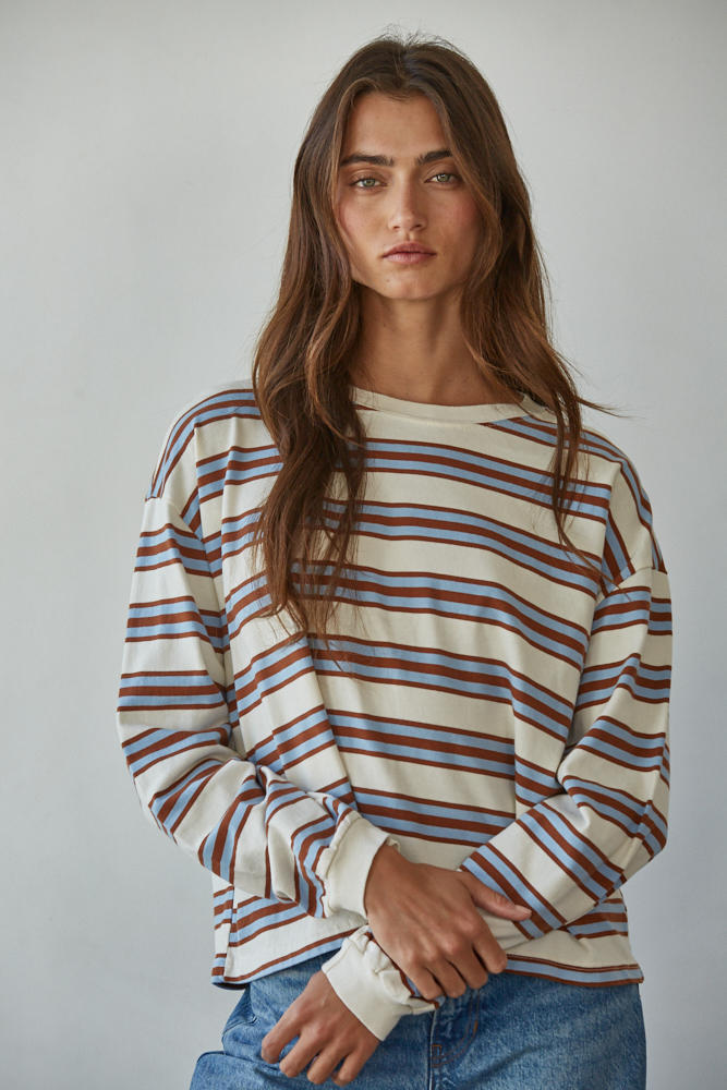 Knit Cotton Multicolor Stripe Crew Neck Long Sleeve