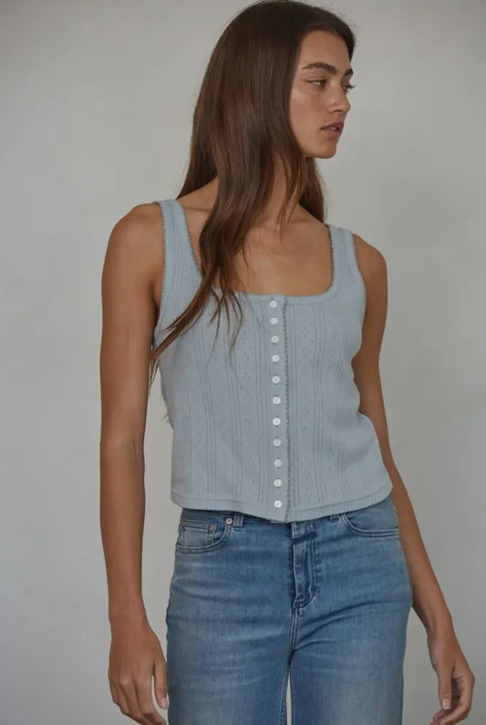 The Pointelle Buttondown Tank Top (Dusty Blue)