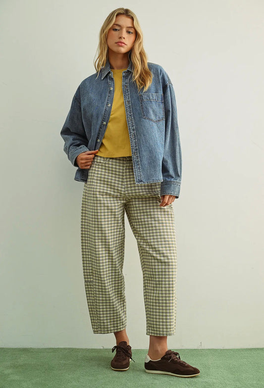 Gingham Relaxed Barrel Pants (Olive/Mist)