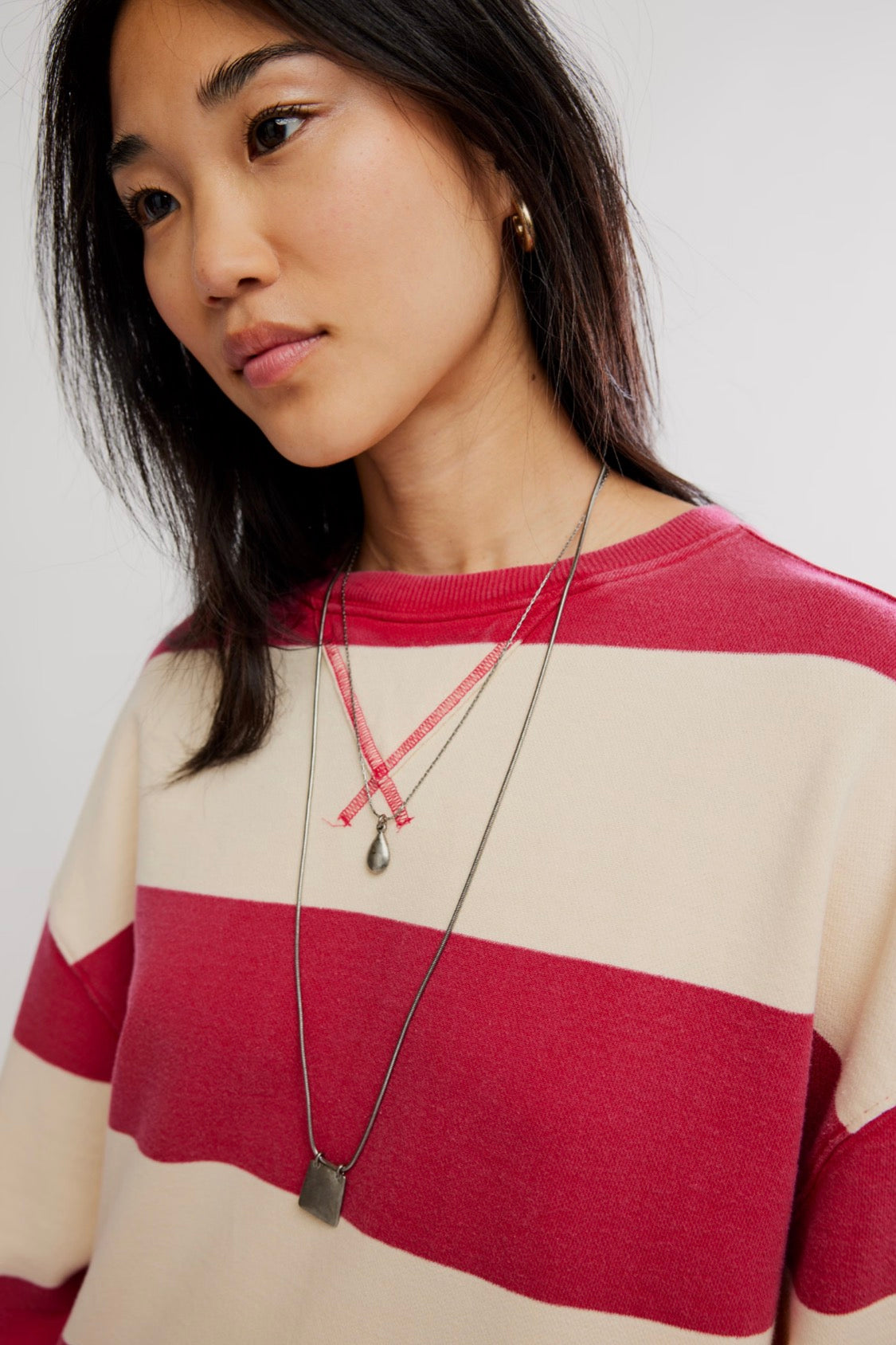 We The Free Classic Striped Oversized Crewneck - Cherry Combo