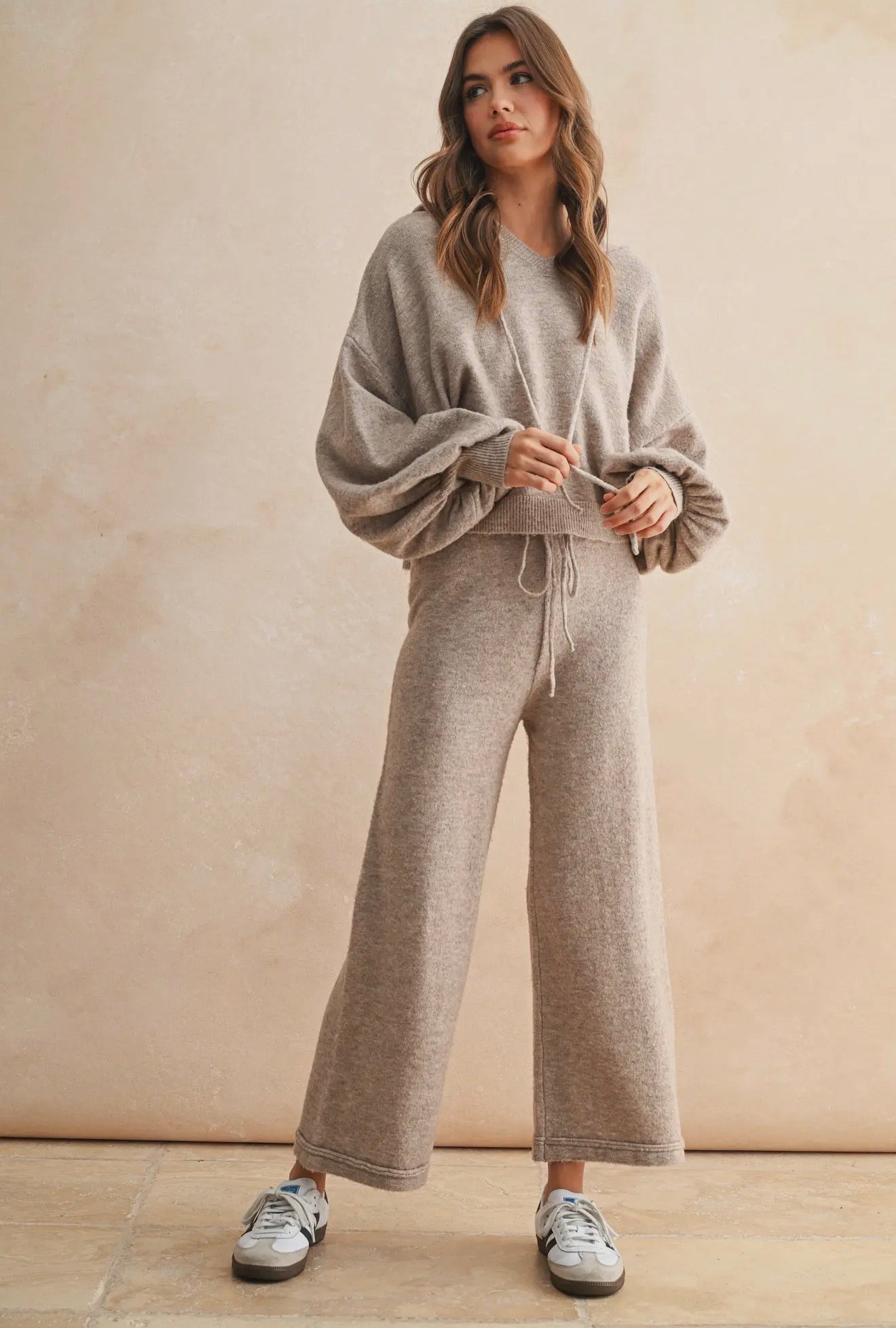 Two Toned Ribbed Waist Band Pants (Oatmeal)