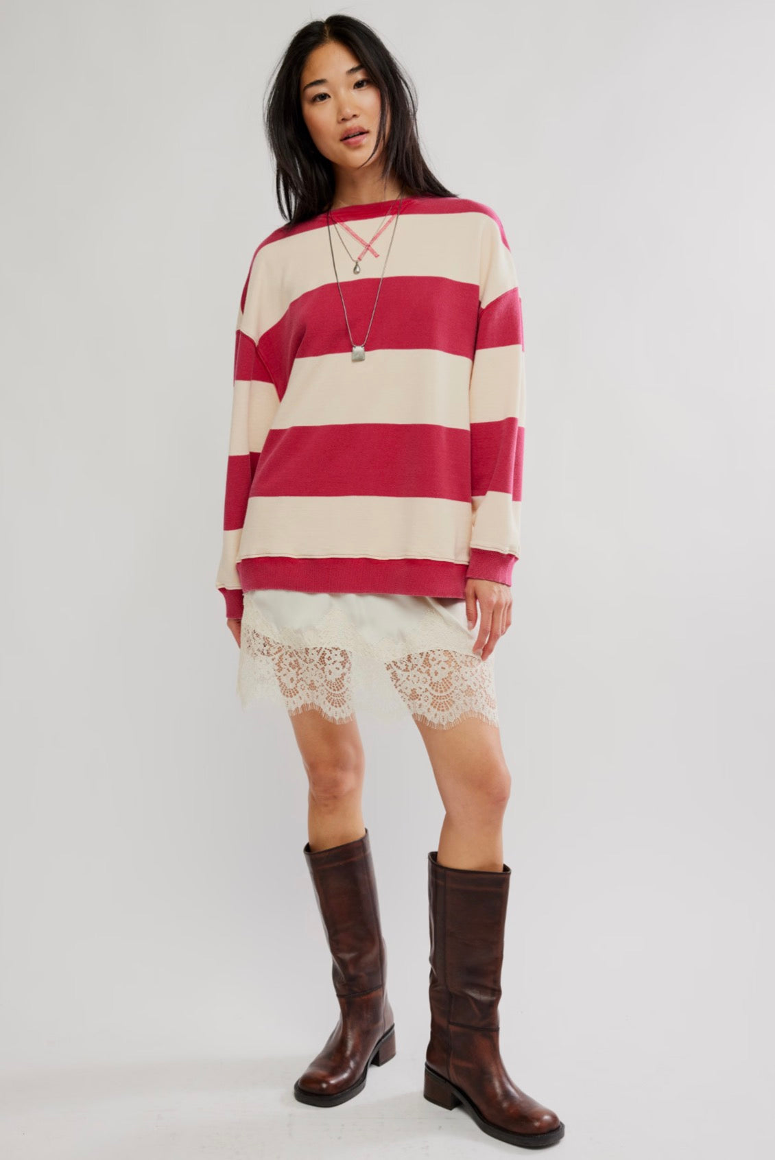 We The Free Classic Striped Oversized Crewneck - Cherry Combo