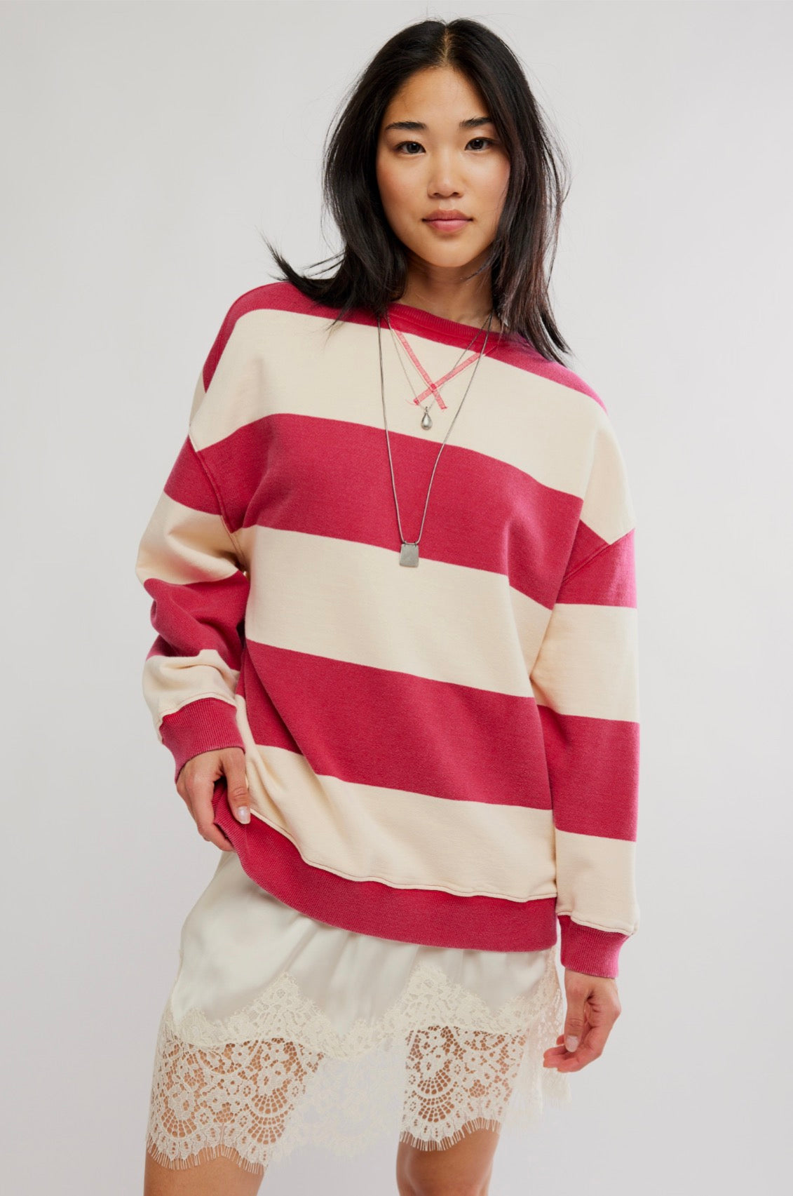 We The Free Classic Striped Oversized Crewneck - Cherry Combo