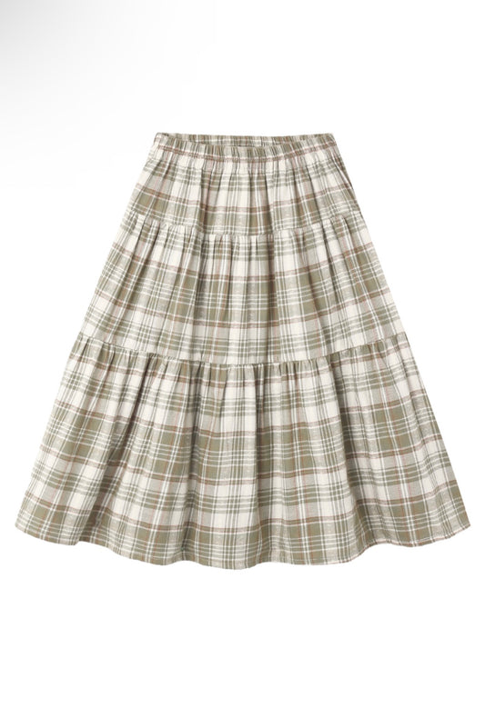 TIERED MIDI SKIRT OLIVE DOBBY PLAID