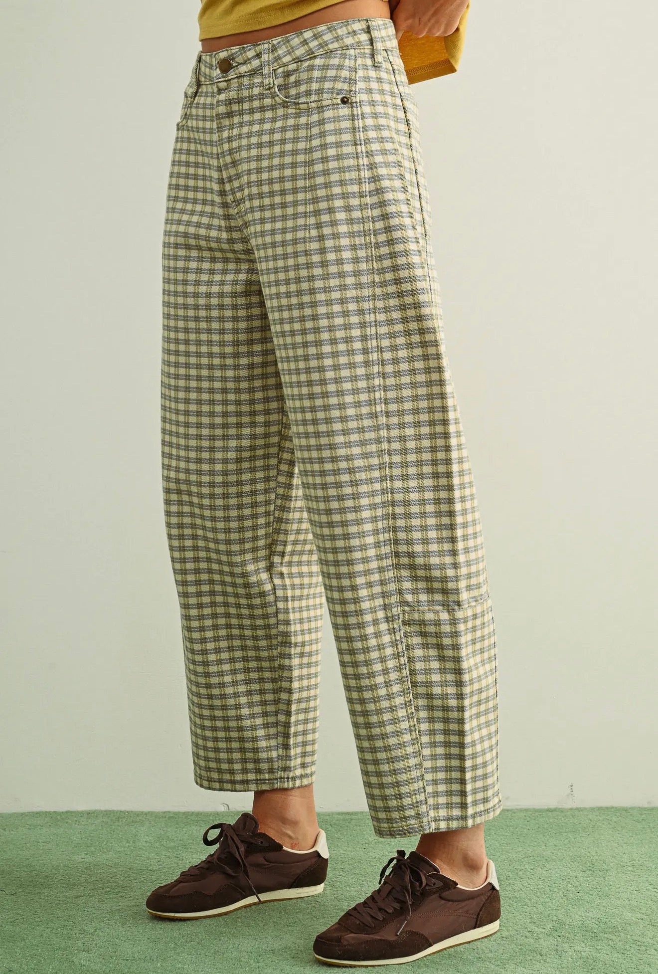Gingham Relaxed Barrel Pants (Olive/Mist)