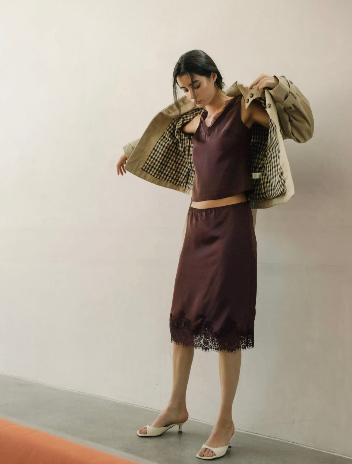 Plum Mina Skirt | Lace Satin Knee Length Skirt