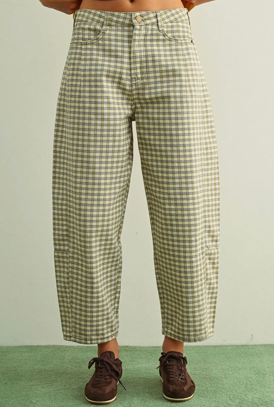 Gingham Relaxed Barrel Pants (Olive/Mist)