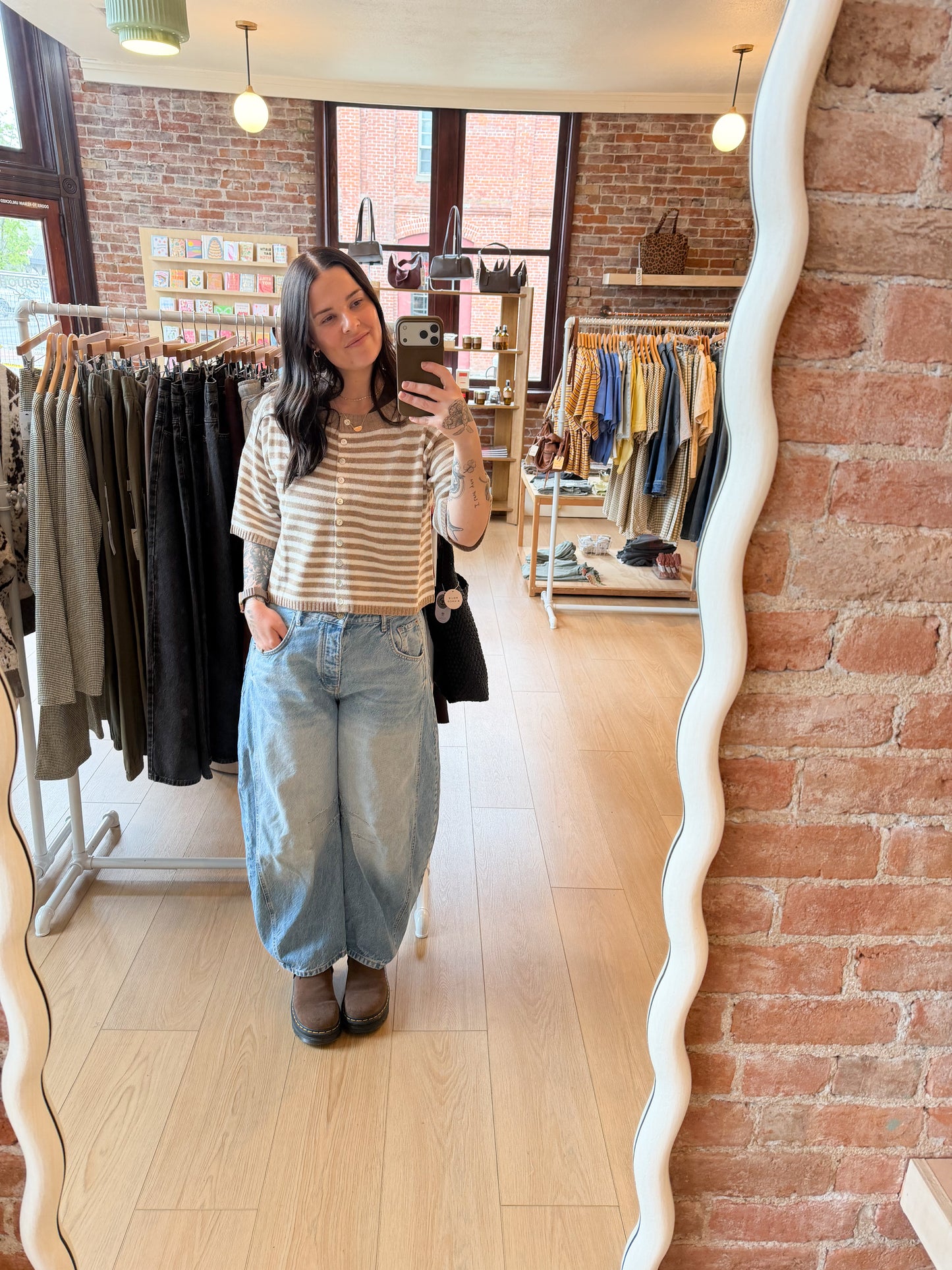 Beige Striped Short Sleeve Cardigan