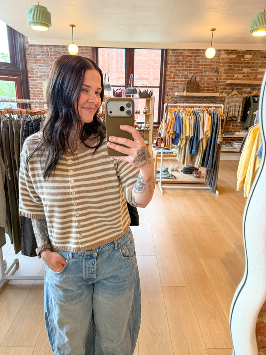 Beige Striped Short Sleeve Cardigan