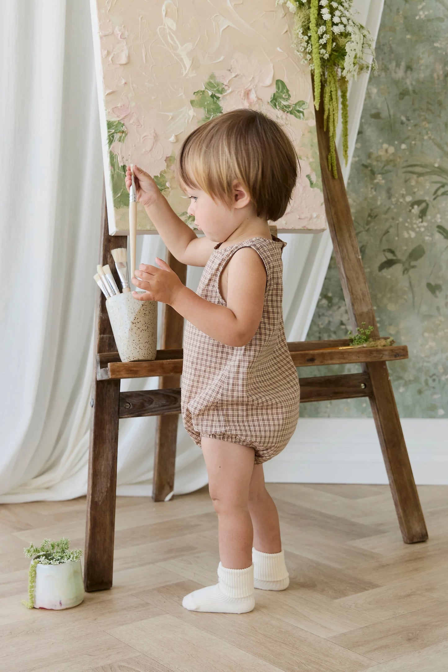 Organic Cotton Bentley Playsuit - Cabin Check Cocoa