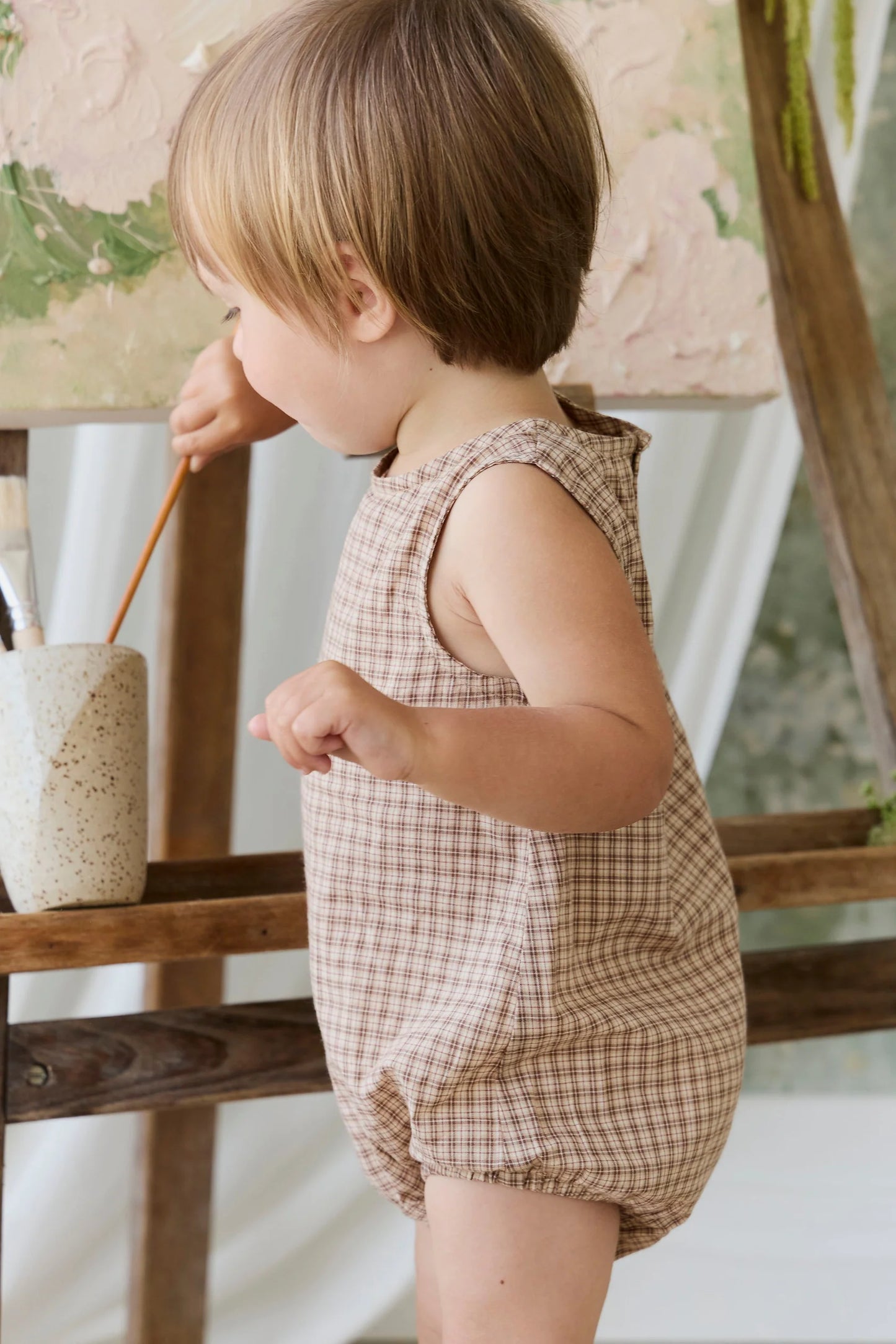 Organic Cotton Bentley Playsuit - Cabin Check Cocoa