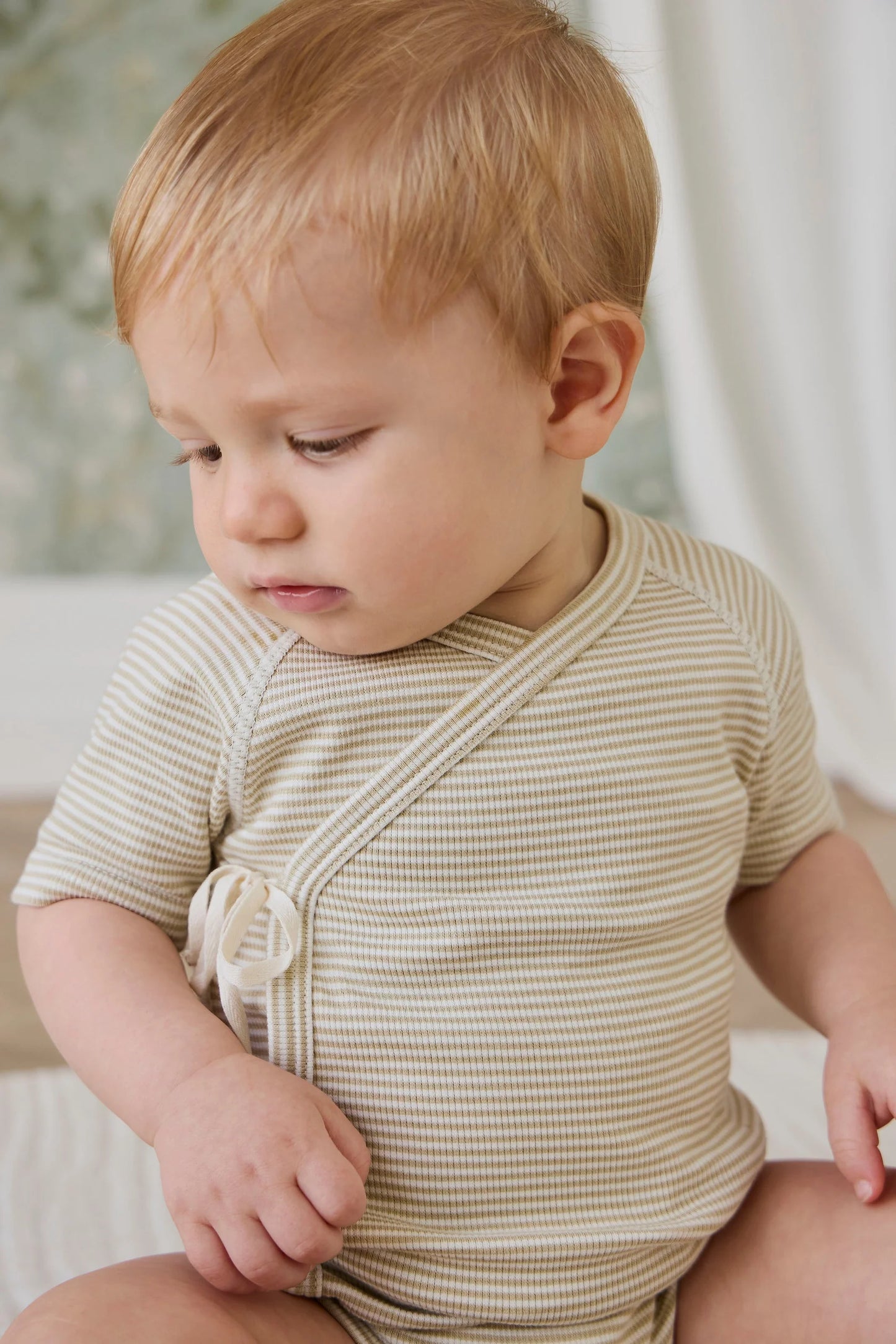 Organic Cotton Fine Rib Micah Short Sleeve Playsuit - Petite Stripe Hay/Cloud
