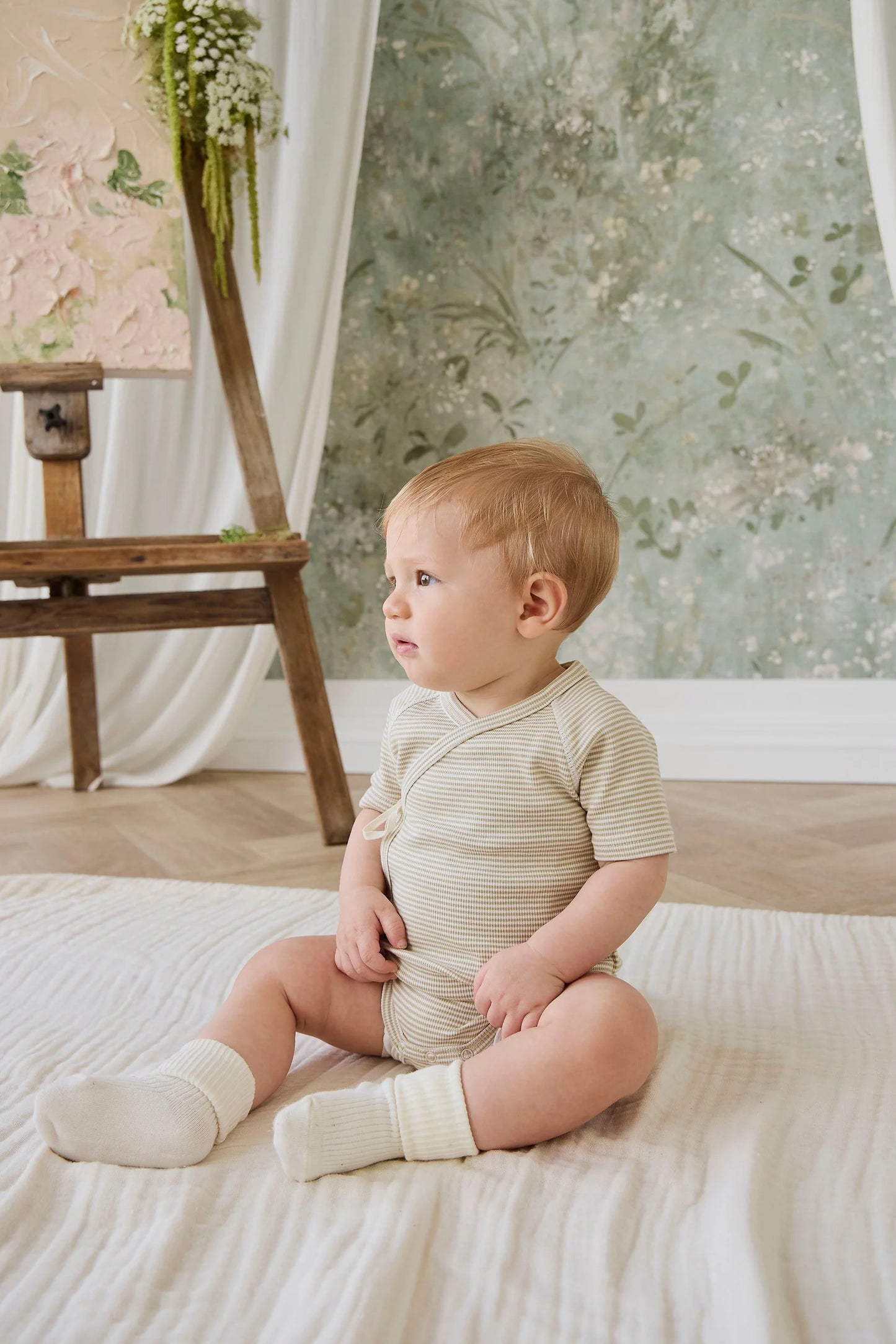 Organic Cotton Fine Rib Micah Short Sleeve Playsuit - Petite Stripe Hay/Cloud
