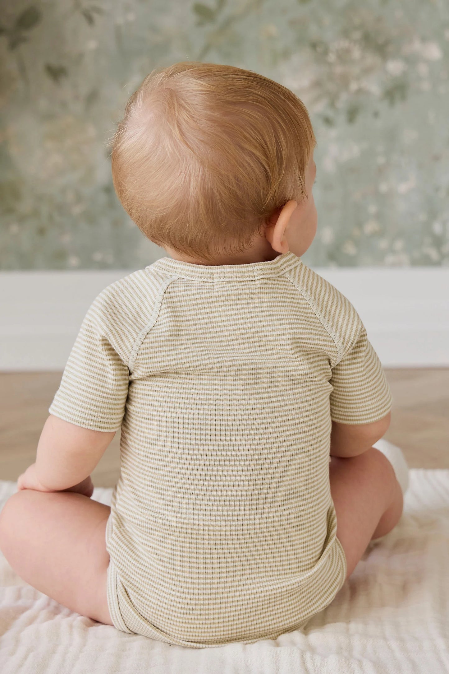 Organic Cotton Fine Rib Micah Short Sleeve Playsuit - Petite Stripe Hay/Cloud