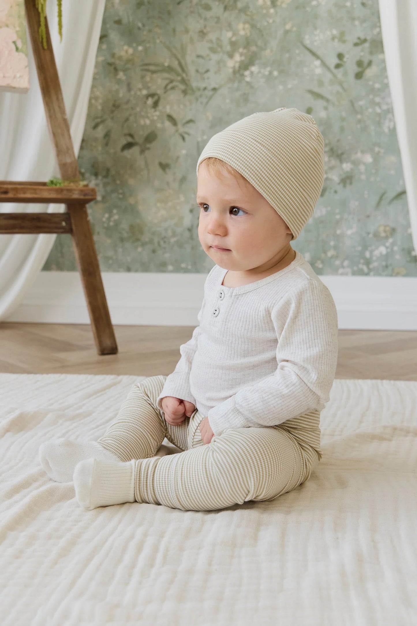 Organic Cotton Fine Rib Wiley Legging - Petite Stripe Hay/Cloud