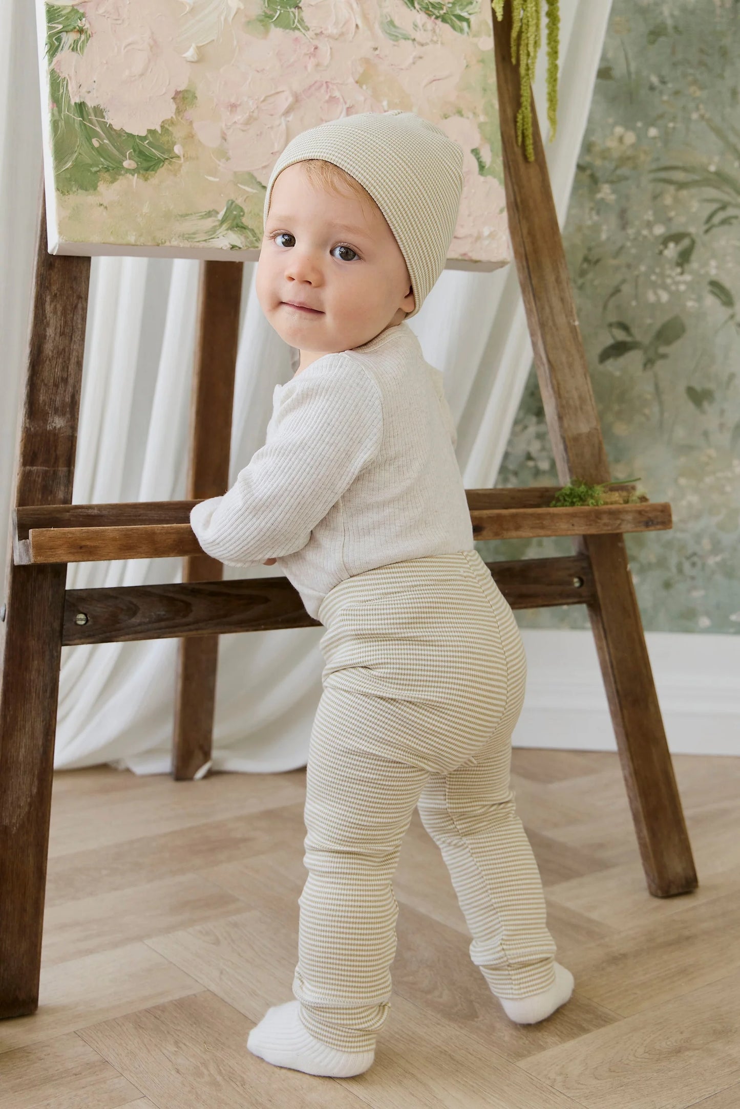 Organic Cotton Fine Rib Wiley Legging - Petite Stripe Hay/Cloud