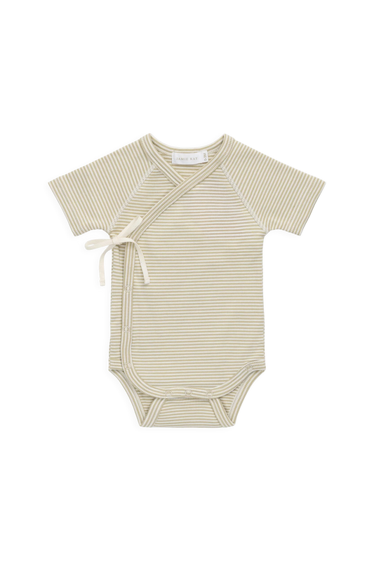 Organic Cotton Fine Rib Micah Short Sleeve Playsuit - Petite Stripe Hay/Cloud
