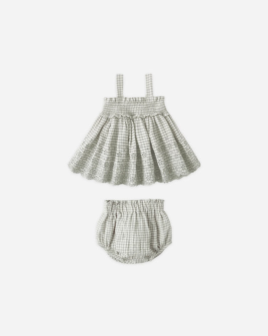 Mae Smocked Top + Bloomer Set Sage Gingham