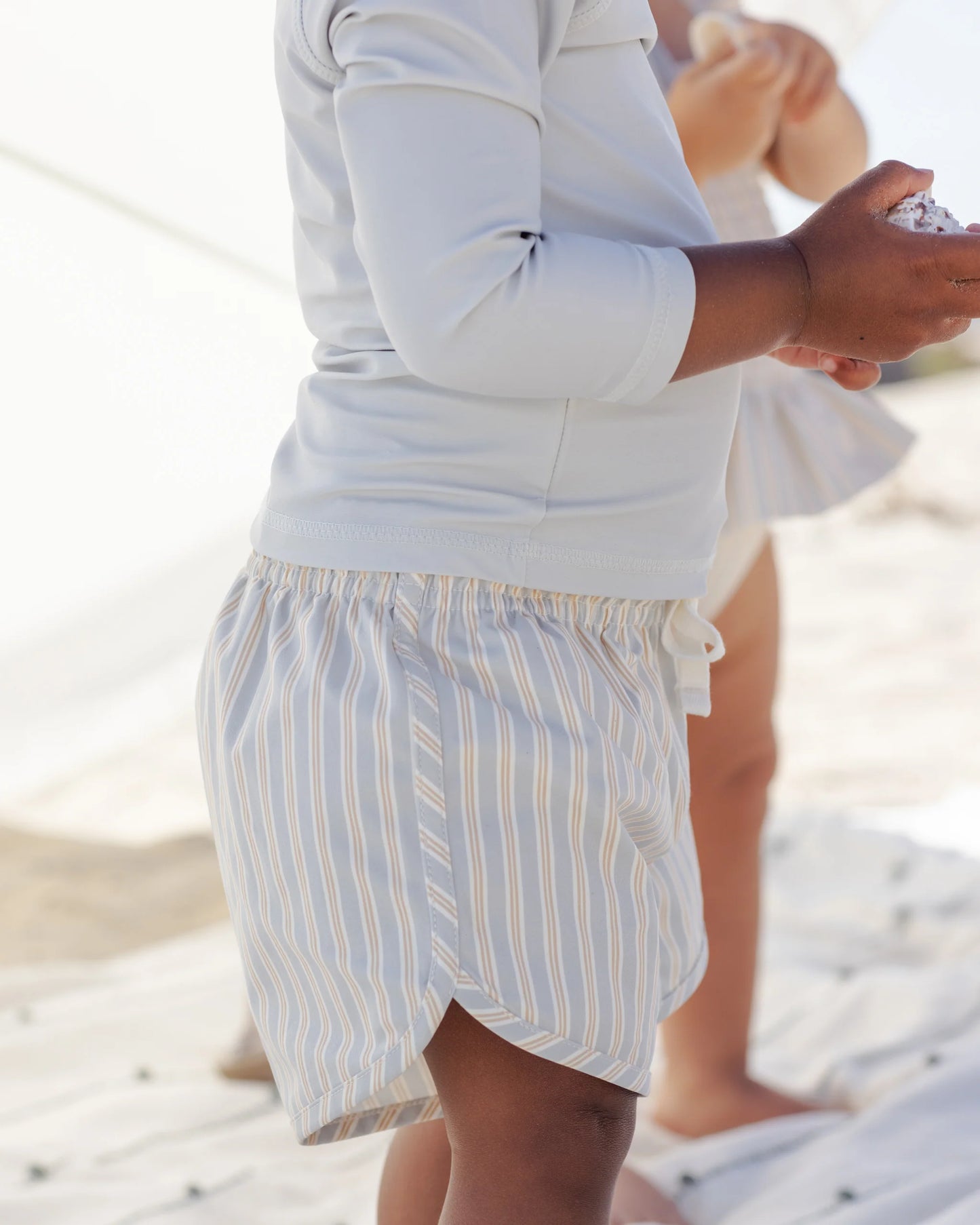 Boys Swim Short (Blue + Butterscotch Stripe)