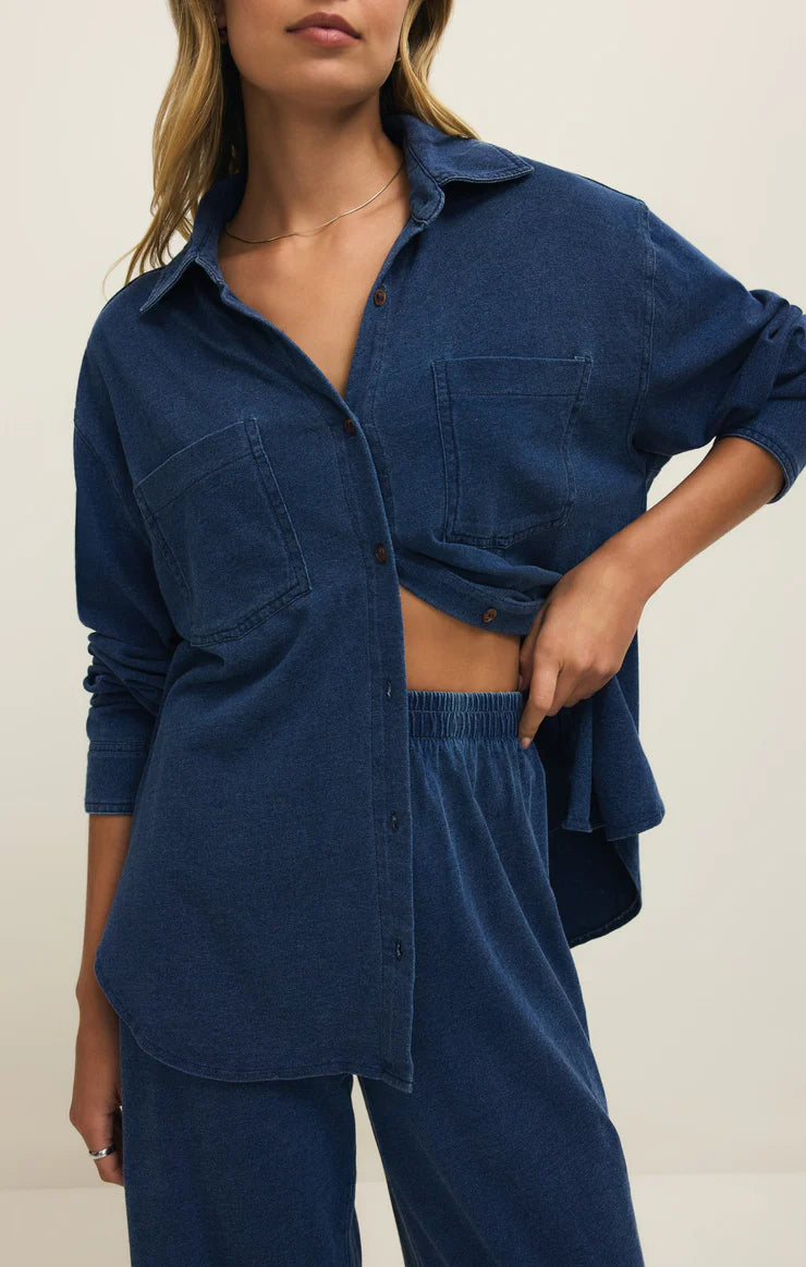 Reese Jersey Denim Button Up (Indigo)