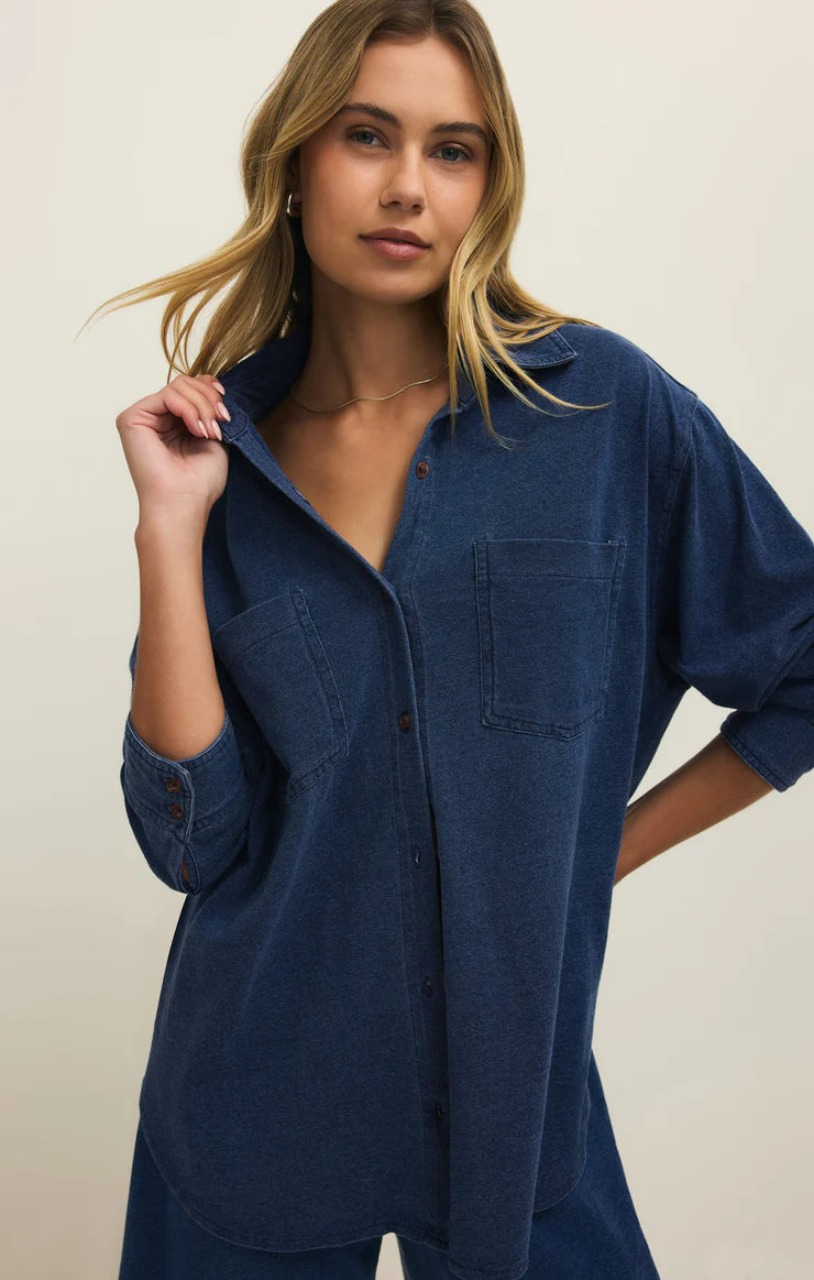 Reese Jersey Denim Button Up (Indigo)