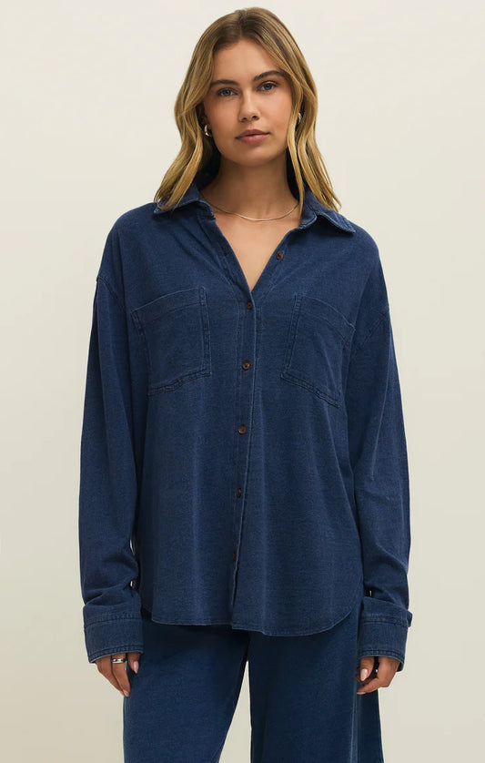 Reese Jersey Denim Button Up (Indigo)