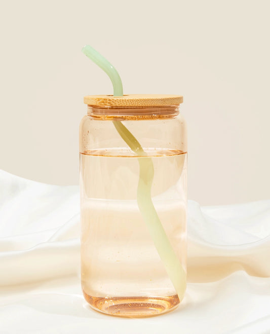 Pink Can Glass Cup with Bamboo Lid and Wavy Straw