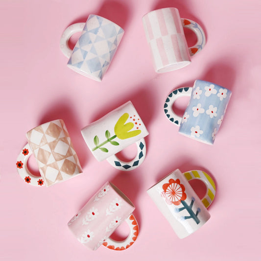 Hand Painted Floral Mug (Pink Stripe)