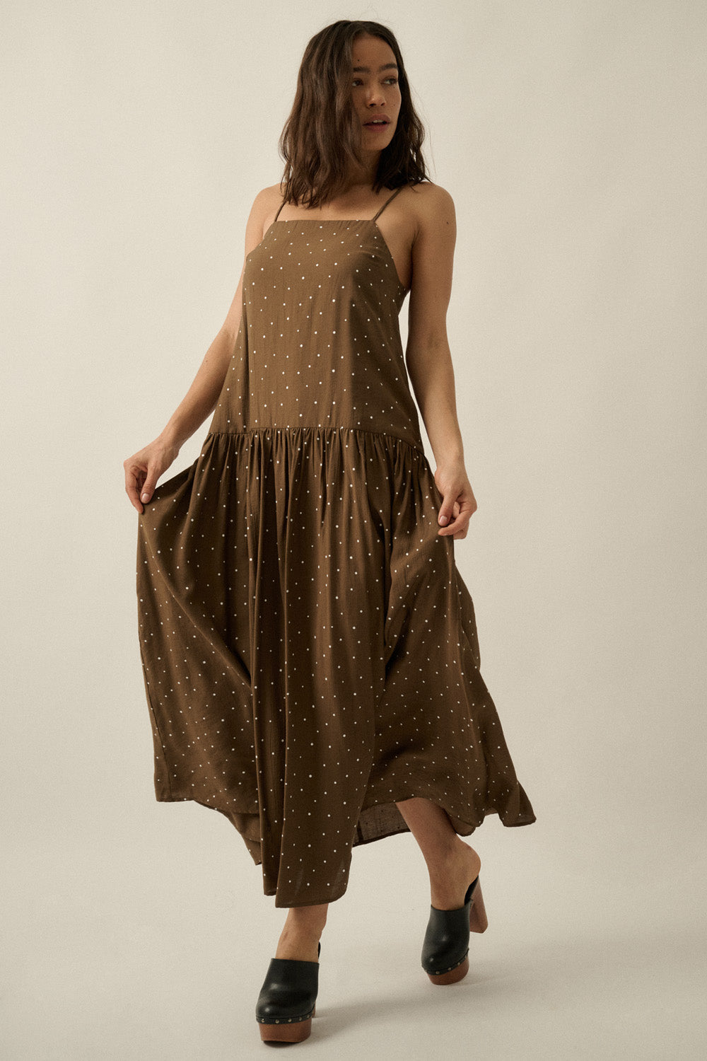 Polka Dot-Print Drop-Waist Cami Maxi Dress (Chocolate)
