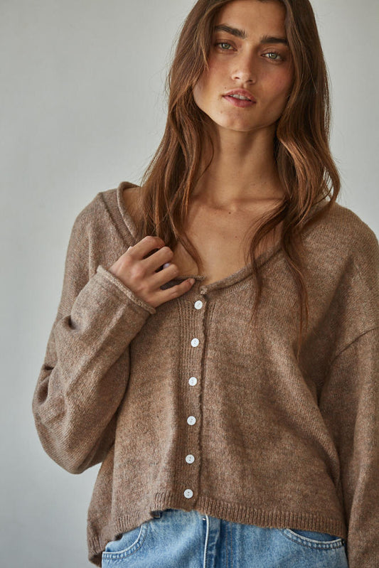 Knit Sweater Rolled V-Neck Long Sleeve Cardigan Top (Mocha)