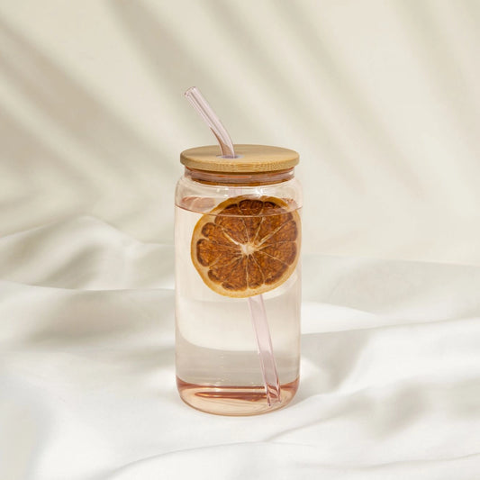 Pink Can Glass Cup with Bamboo Lid and Straw