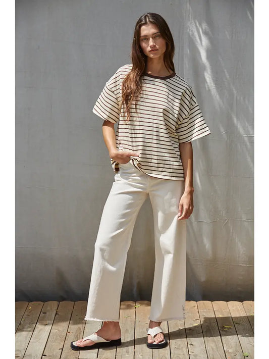 Knit Cotton Striped Short Sleeve Crew Neck Top