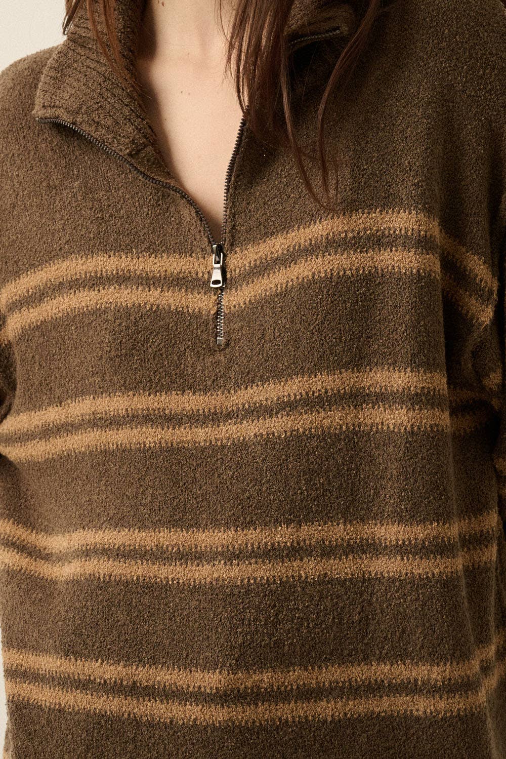Textured Striped Knit Quarter-Zip Sweater