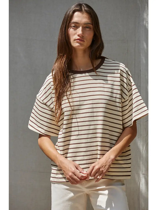 Knit Cotton Striped Short Sleeve Crew Neck Top