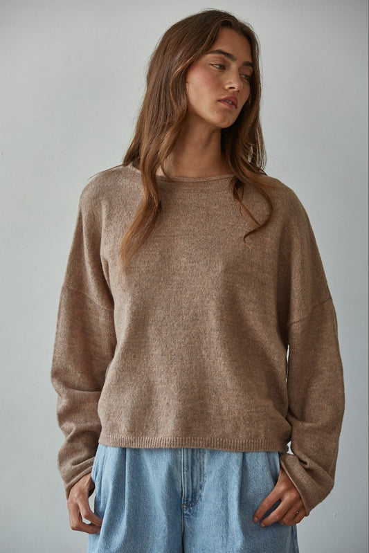 Knit Sweater Rolled Round Neck Pullover Top (Mocha)