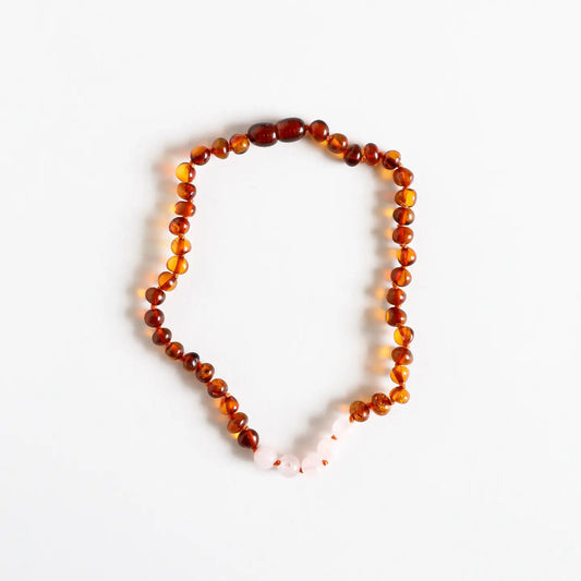 Polished Cognac Amber + Pink Rose Quartz || Beaded Necklace