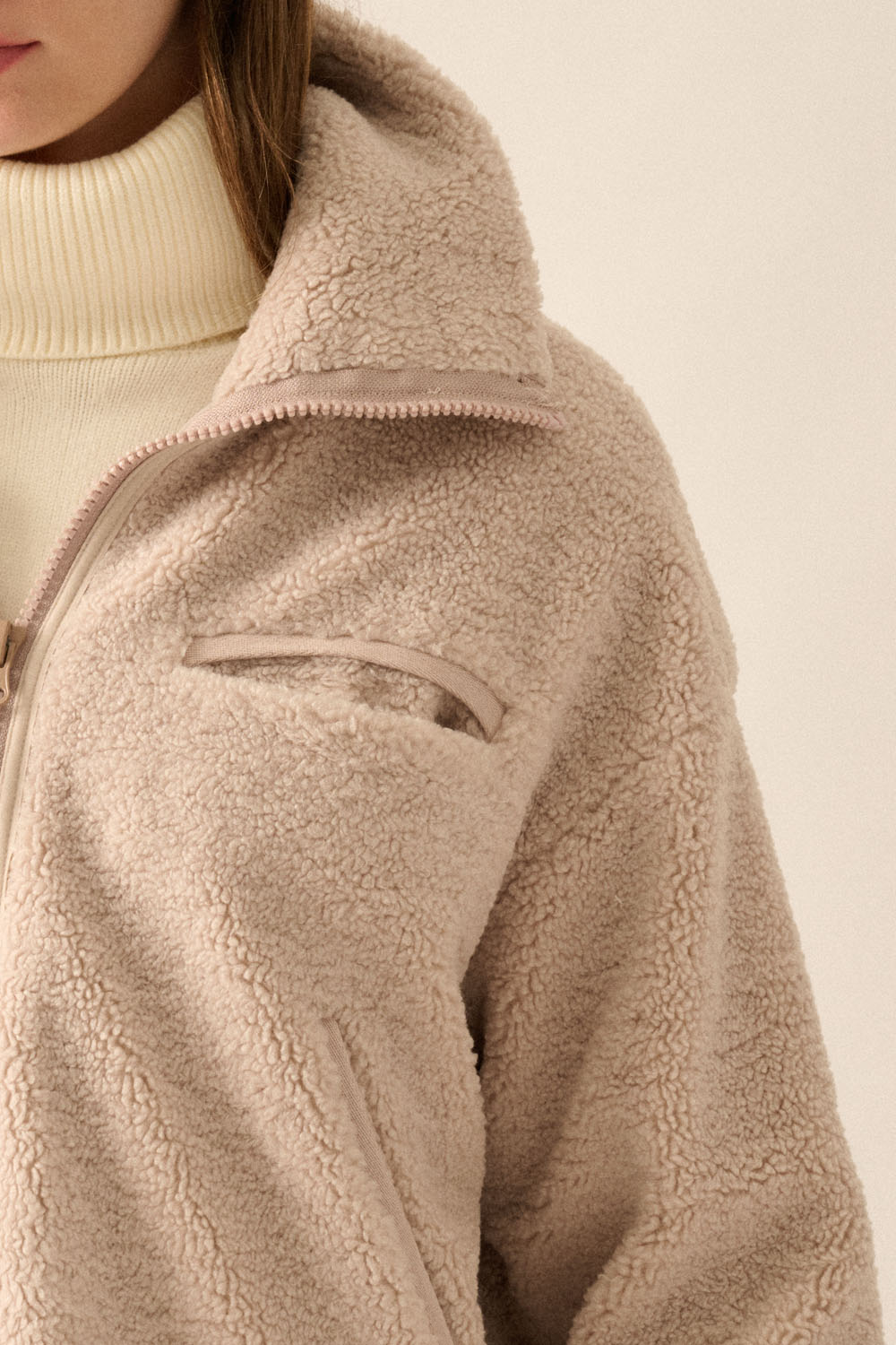 Solid Sherpa Fleece Zip-Up Pocket Jacket