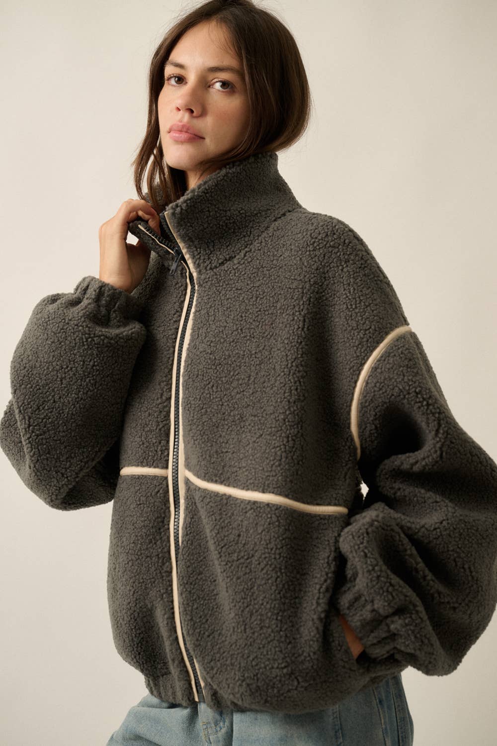Charcoal Sherpa Fleece Zip-Up Jacket