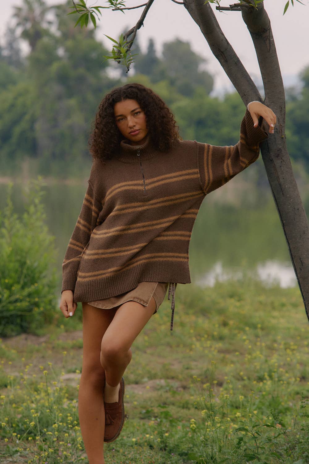 Textured Striped Knit Quarter-Zip Sweater