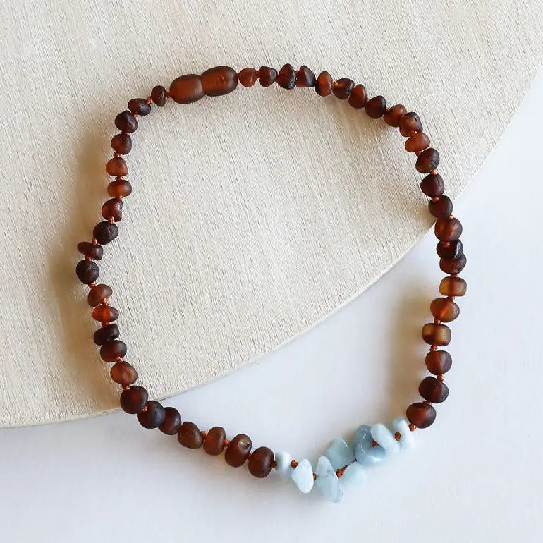 Raw Cognac Baltic Amber + Aquamarine || Necklace