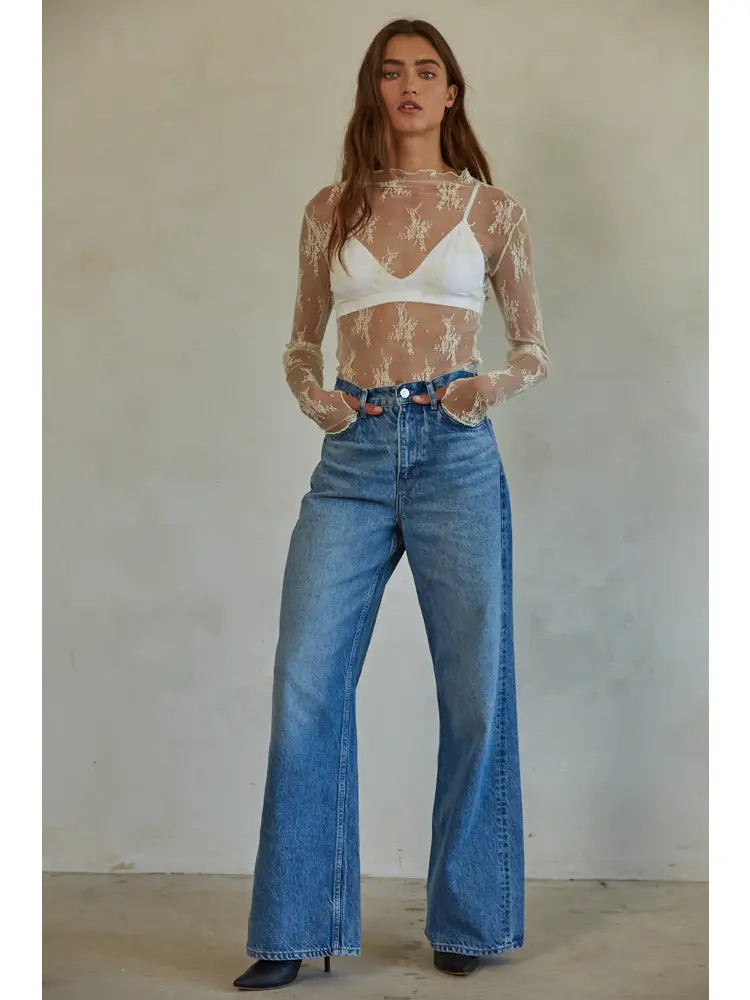 Knit Jacquard Lace Long Sleeve Mock Neck Top (Ivory)