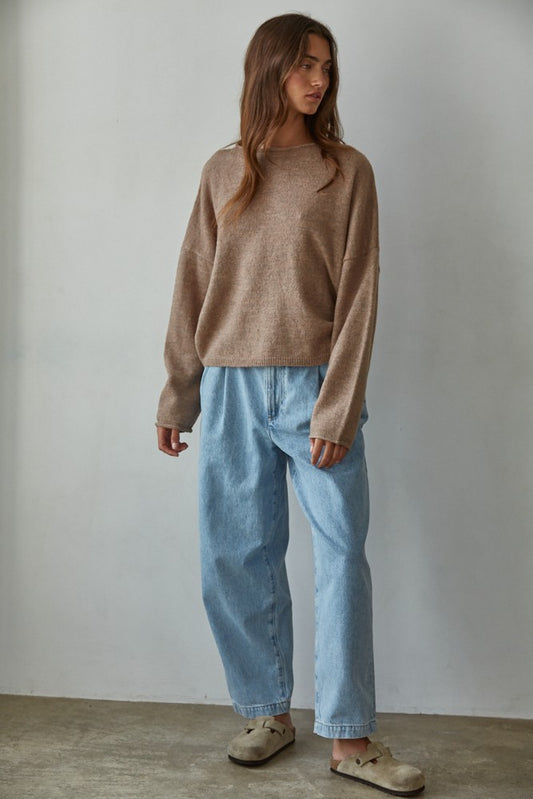 Knit Sweater Rolled Round Neck Pullover Top (Mocha)