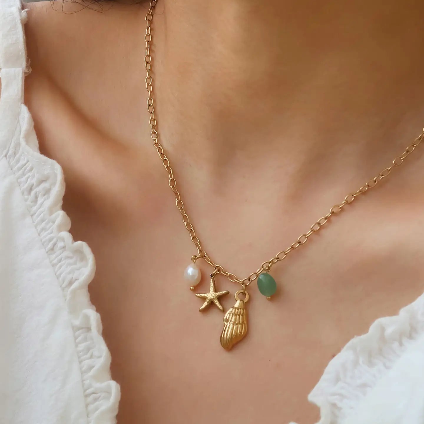 Bonbon 18K Gold Non-Tarnish Pearl and Shell Charm Necklace